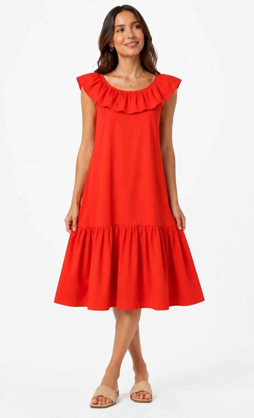 Anthropologie WHIT TWO Coral Red Cotton Poplin Ruffle Midi Dress Size Small Boho